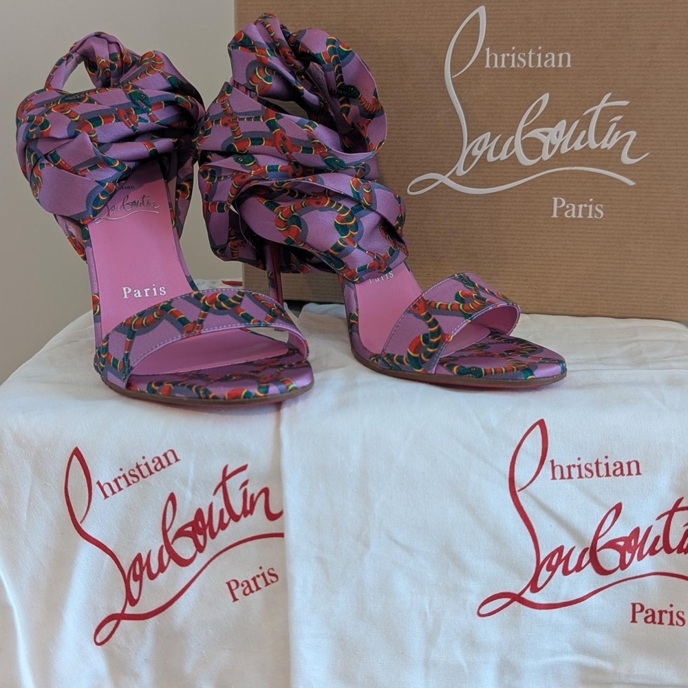 Christian Louboutin Purple and Pink Du Deserts Satin Ankle Strap Slingback Heels